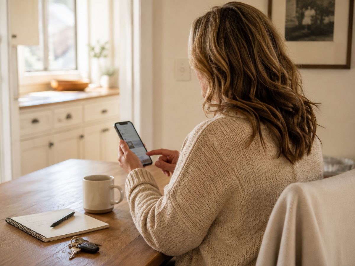 A homeowner at her kitchen table using a phone