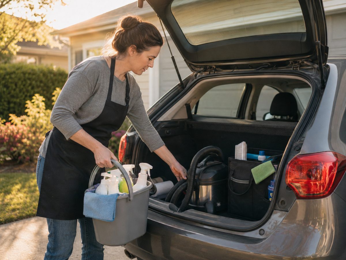 A cleaning professional loading her own supplies into her car