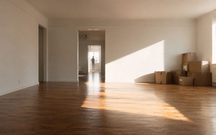 An empty house with moving boxes and sunlight on the floor