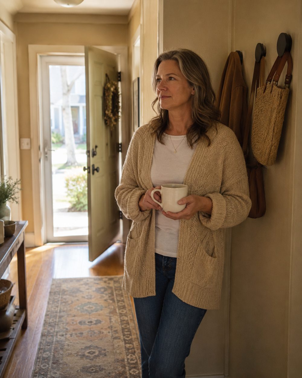 A homeowner standing in her hallway with a mug