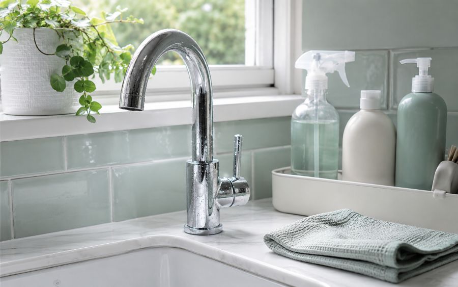 A freshly cleaned tap and folded cloth